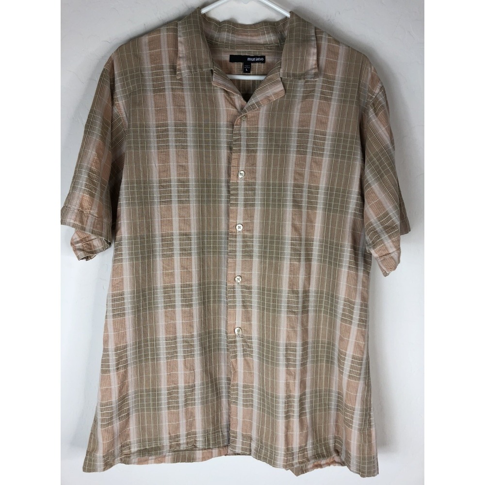 MURANO Mens Large Camp Shirt Short‎ Sleeve Plaid Tan